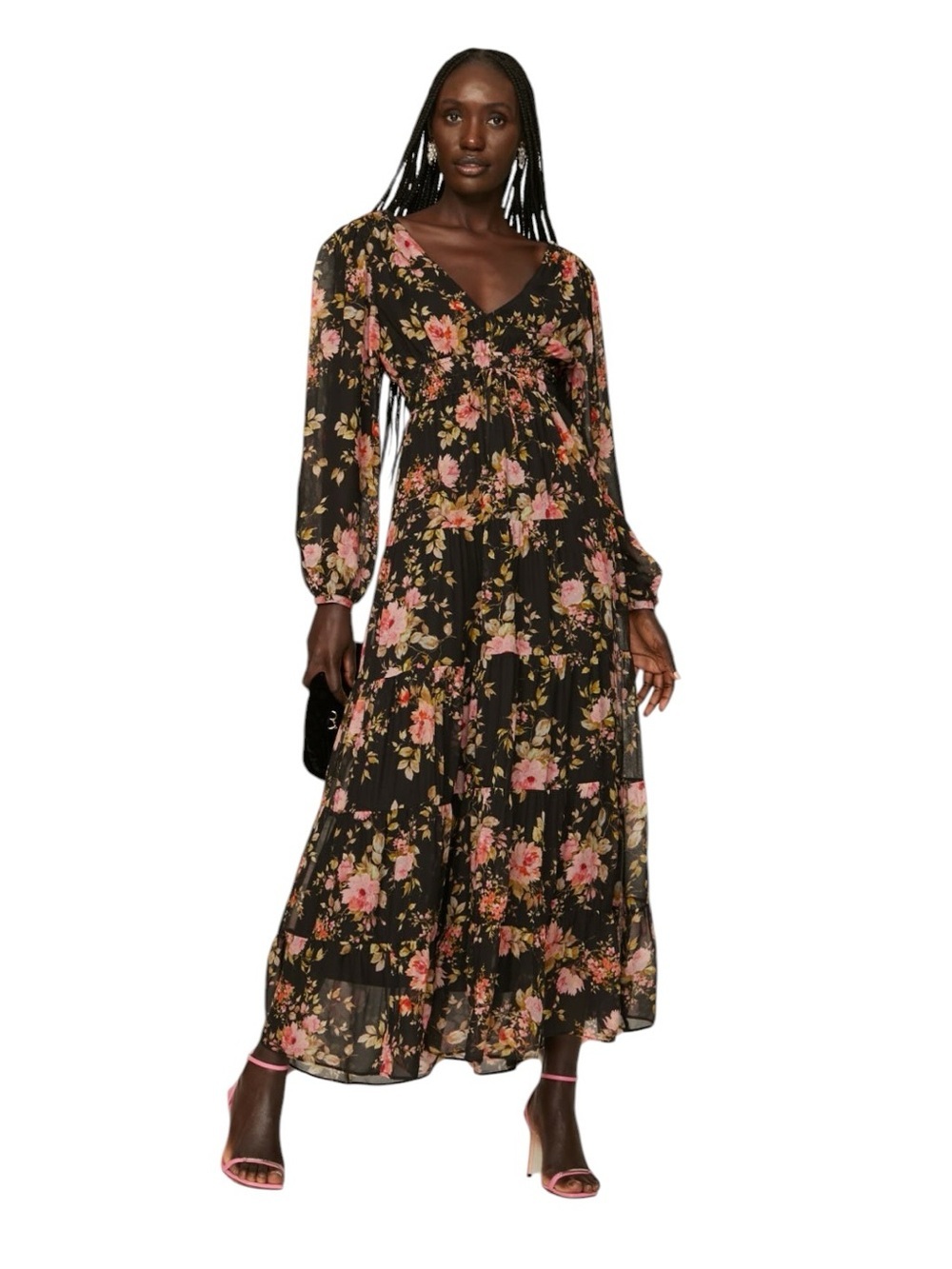 YUMI KIM - Blake Floral Maxi Dress Black Pink Long Sleeve V-Neck Sz S